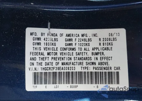 2014 Honda Accord Lx из США, поврежденный, VIN 1HGCR2F39EA009203